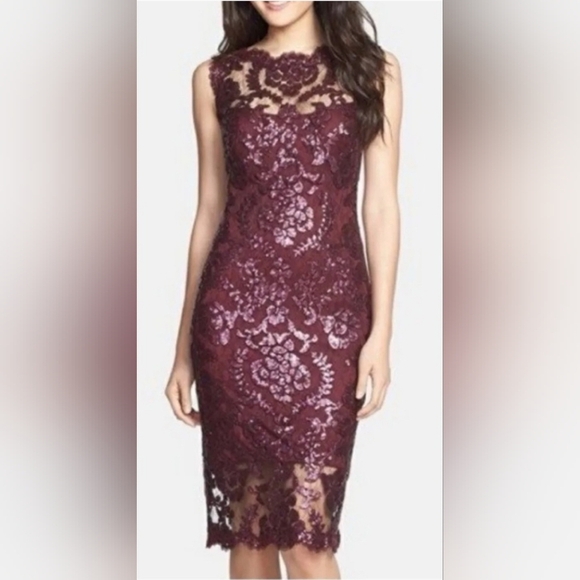 Tadashi Shoji Paillette Sequin Lace Knee Length Dress Cabernet Size 6 - Picture 1 of 9